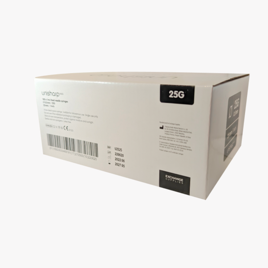Unisharp 1ml 25g 25mm Fixed Needle Syringe back Unisharp 1ml 25g 25mm Fixed Needle Syringe back