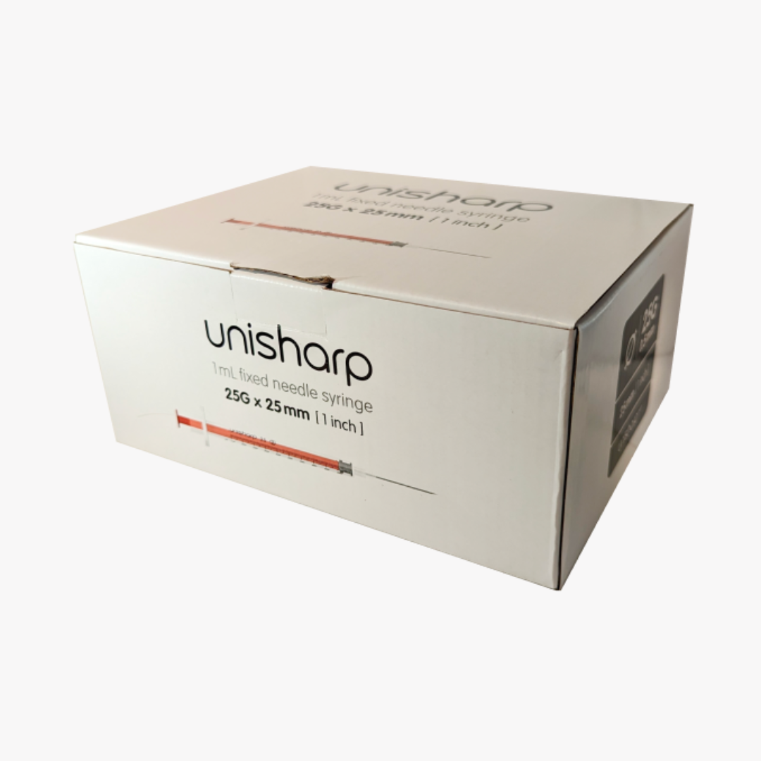 Unisharp 1ml 25g 25mm Fixed Needle Syringe front Unisharp 1ml 25g 25mm Fixed Needle Syringe front